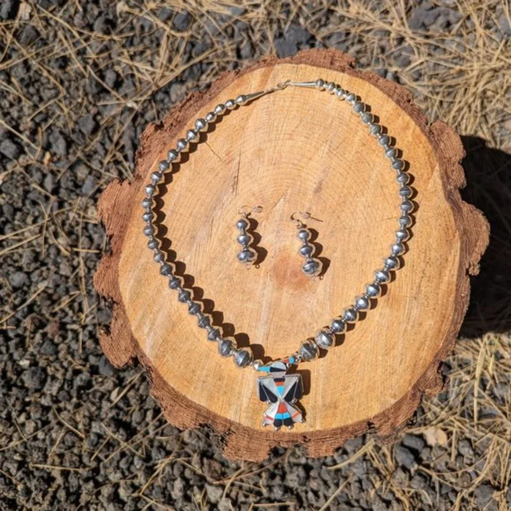Navajo Jewelry Necklace Earrings Set Sterling Silver Beads Thunderbird Pendant *